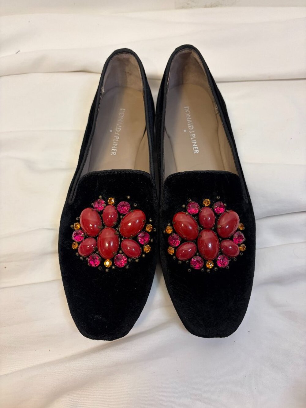 Donald J Pliner Black Velvet Loafers with Red and Gold Jeweled Embellishment